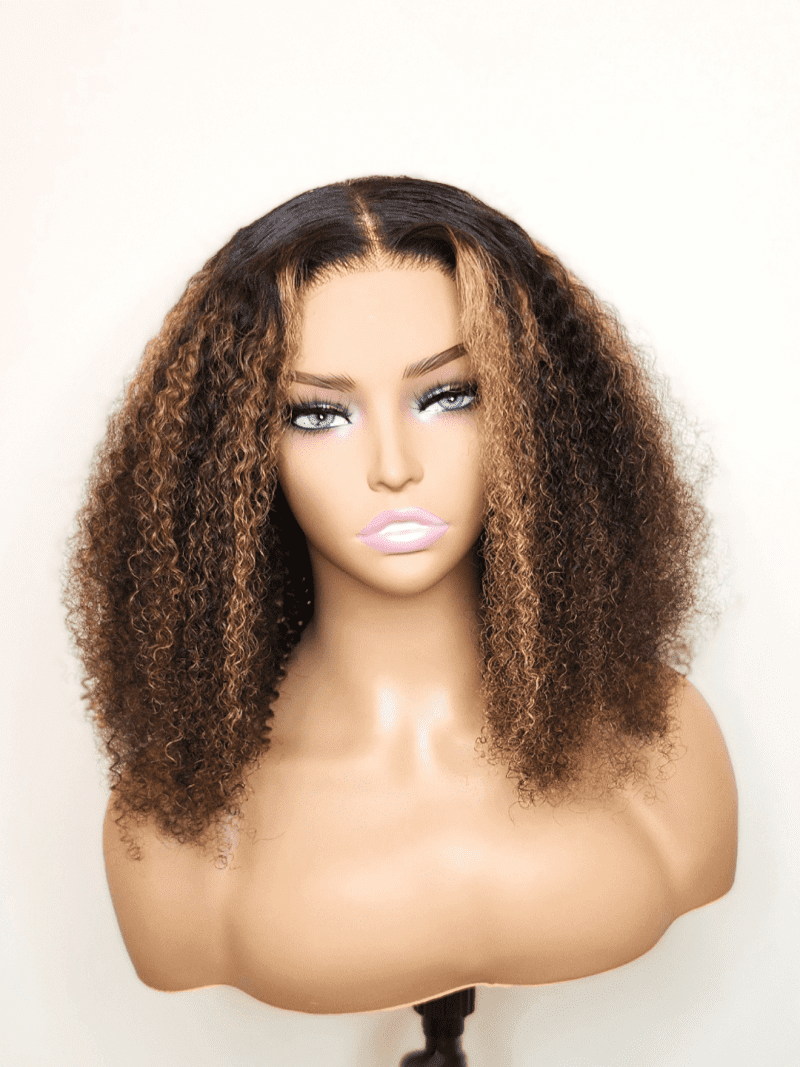 Brooklyn Hair Afro Kinky Curly Glueless Wig 180% Density Invisible Small Knots 5x5 Swiss HD Pre-Cut Lace Natural Black 14-16" / Sun-Kissed / Middle Part