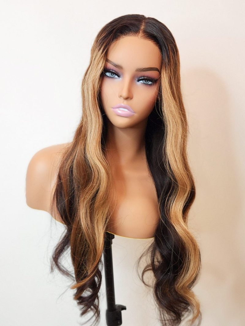 blonde highlights loose body wave glueless wig invisible small knots 5x5 swiss hd pre cut lace 180 density sun kissed brooklyn hair 46652693676338