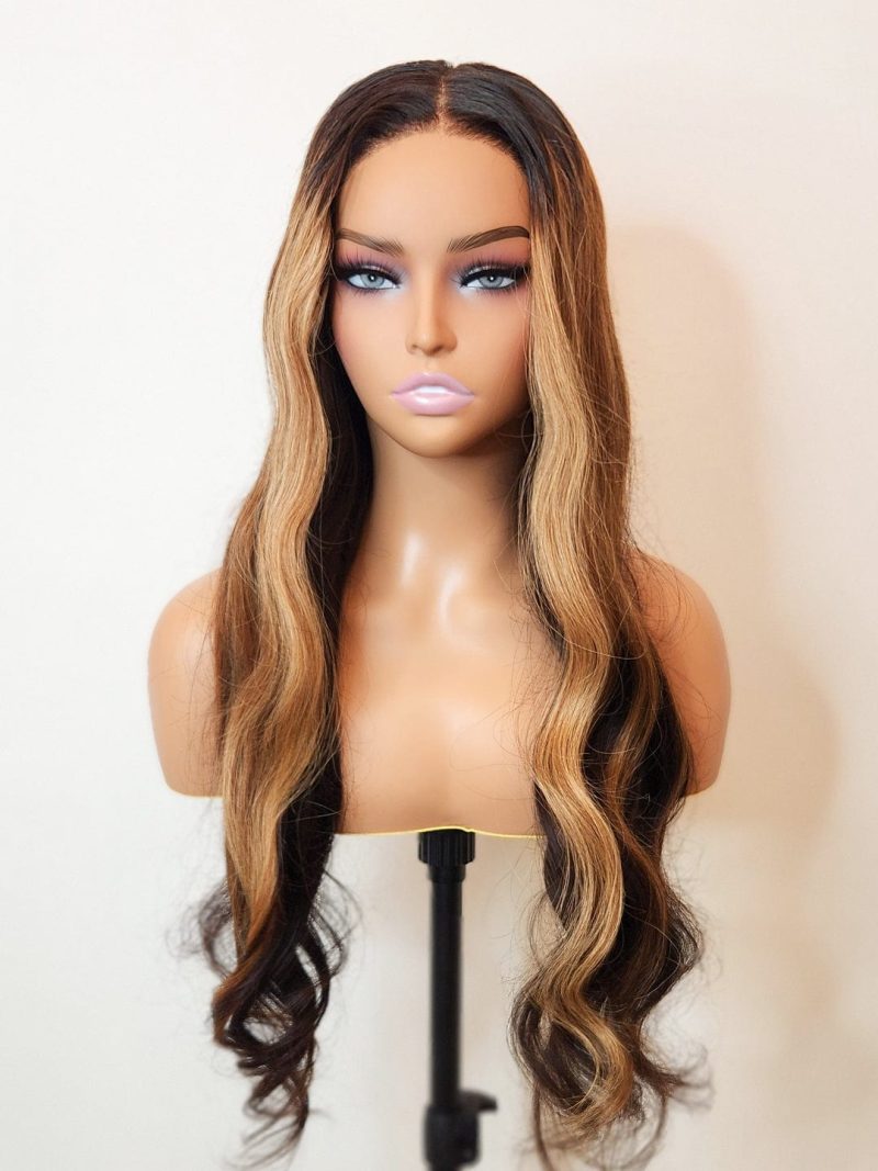 blonde highlights loose body wave glueless wig invisible small knots 5x5 swiss hd pre cut lace 180 density sun kissed brooklyn hair 46652693807410