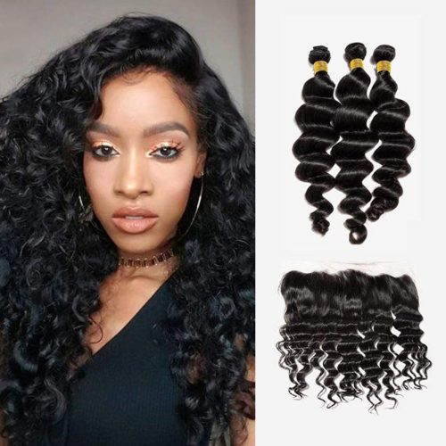 Brooklyn Hair Brooklyn Hair 7A Loose Wave / 3 Bundles with 13x4 Lace Frontal Look Natural Black