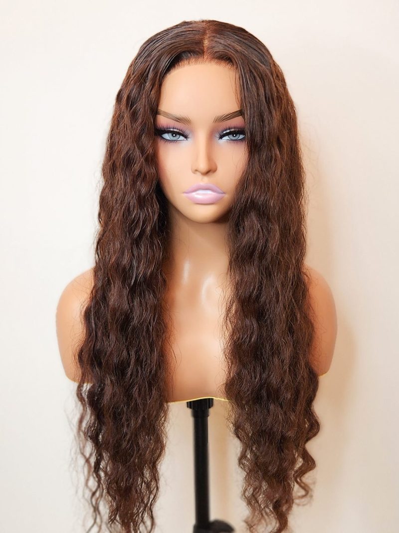 brown water wave style ready to wear glueless deep wave wig invisible knots 5x5 swiss hd pre cut lace espresso brooklyn hair 46652650553650