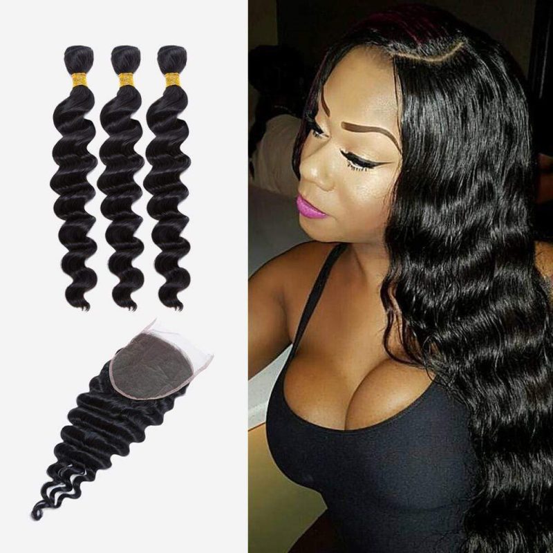 new look indian virgin loose wave hair long slay style 3 bundle deal with 6x6 lace closure14 brooklyn hair natural black 13851604549731